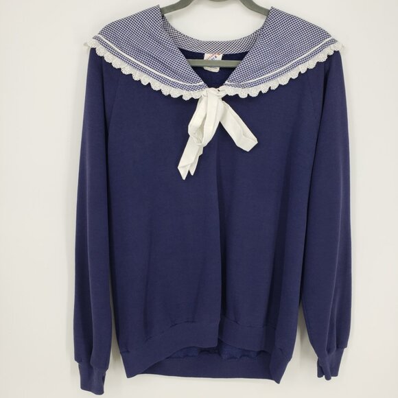 Vintage Tops - Vintage Gingham Plaid Sailor Collar Sweatshirt XL Embroidered Strawberries Navy